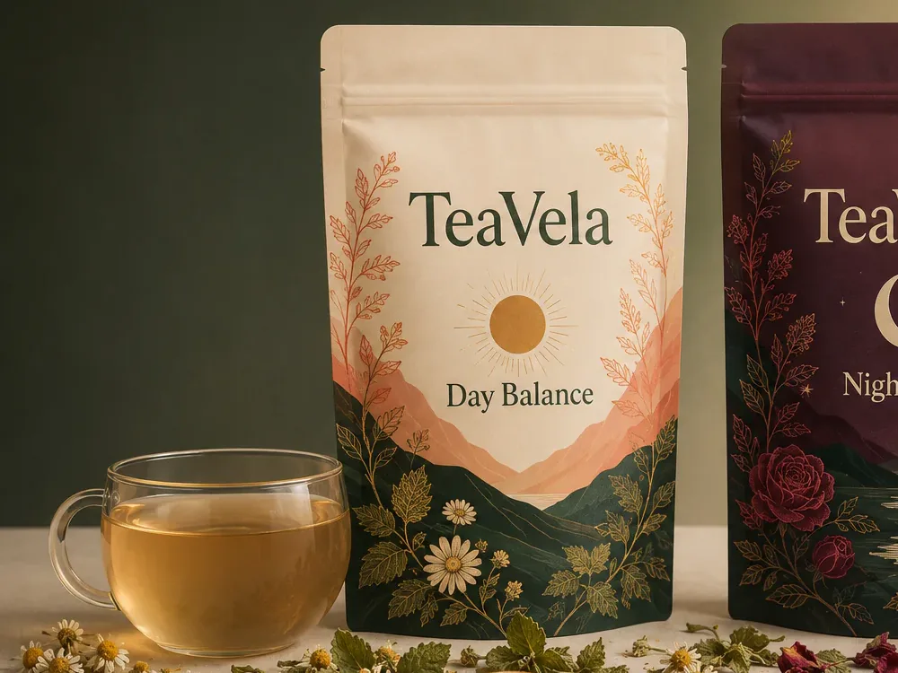 Cream TeaVela Day Balance pack beside a cup of golden green tea