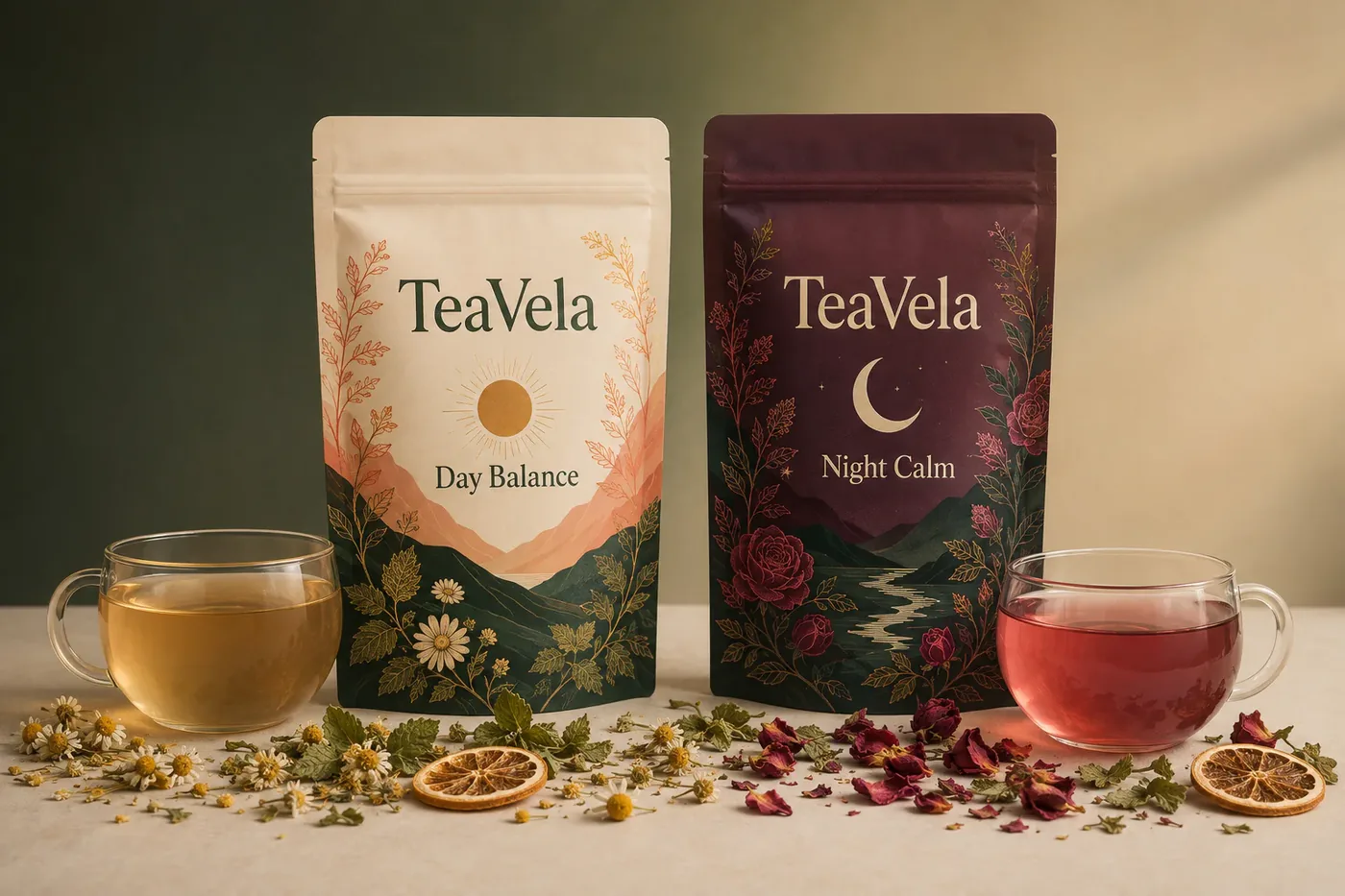 The two TeaVela packs, Day Balance in cream and Night Calm in burgundy, with a filled teacup on either side