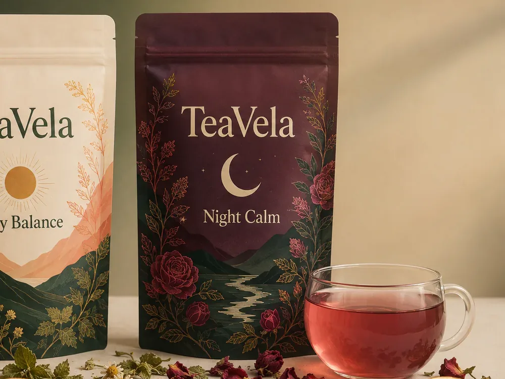 Burgundy TeaVela Night Calm pack beside a glass cup of pale rose infusion