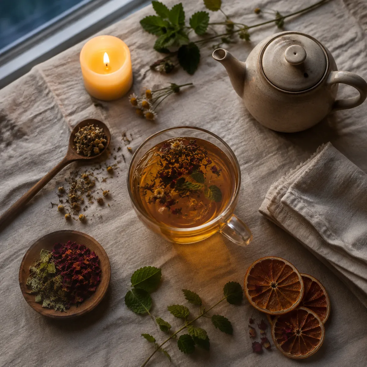Tea tray with a stoneware pot, a lit candle, a cup of infusion and dried plants