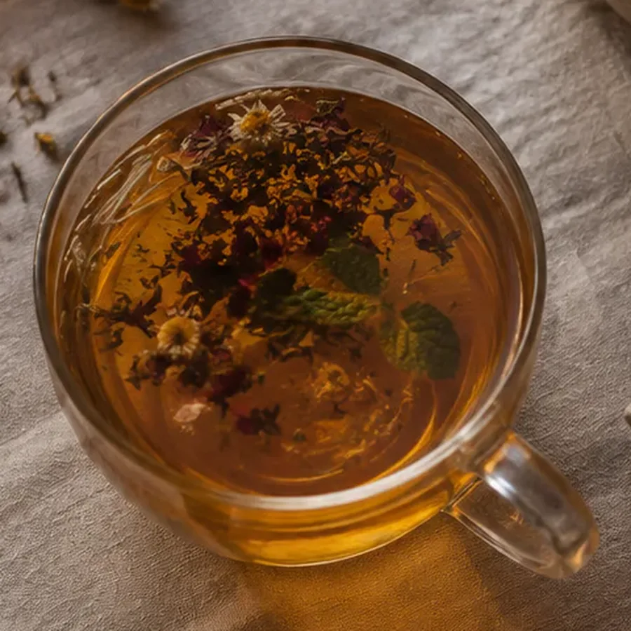 Glass cup of TeaVela infusion with chamomile flowers and mint leaves floating at the surface